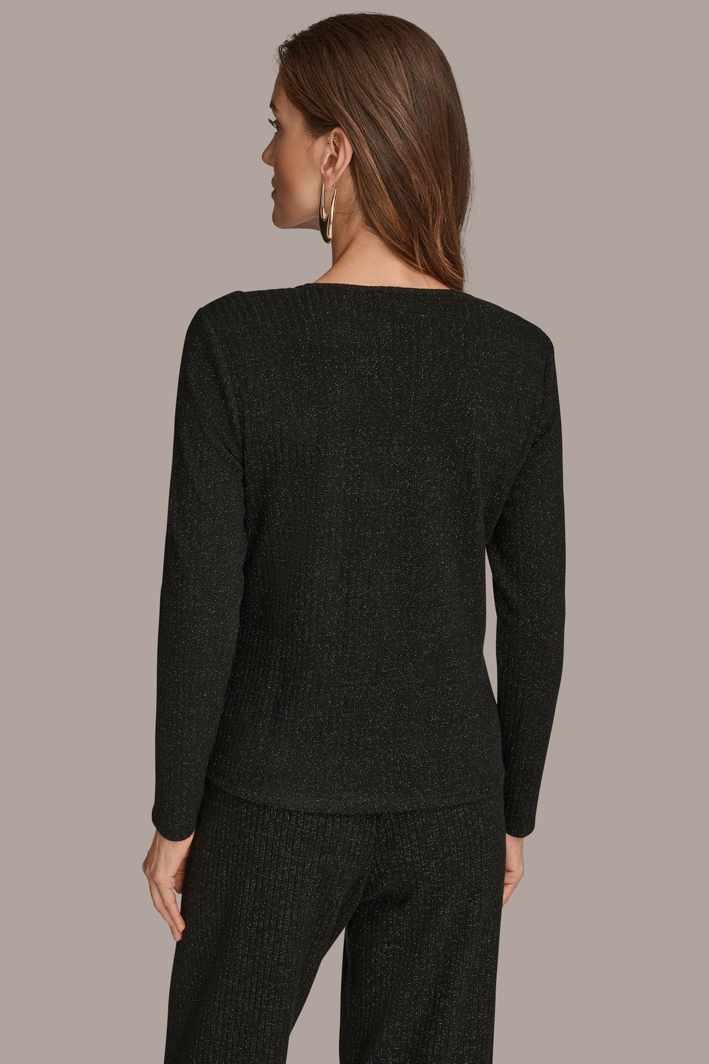 BLACK METALLIC COWL-NECK RIB-KNIT BLOUSE Donna Karan