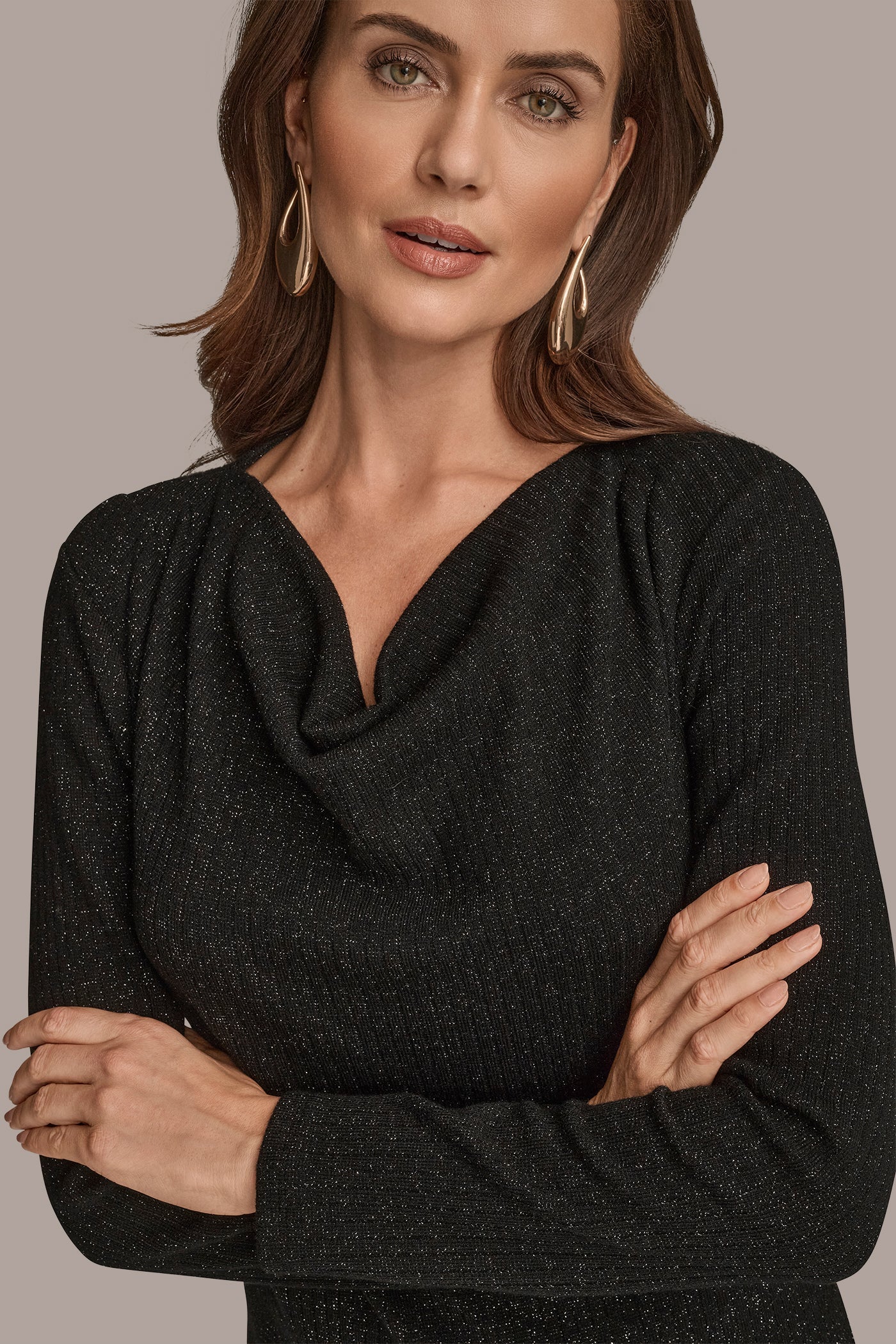 BLACK METALLIC COWL-NECK RIB-KNIT BLOUSE Donna Karan