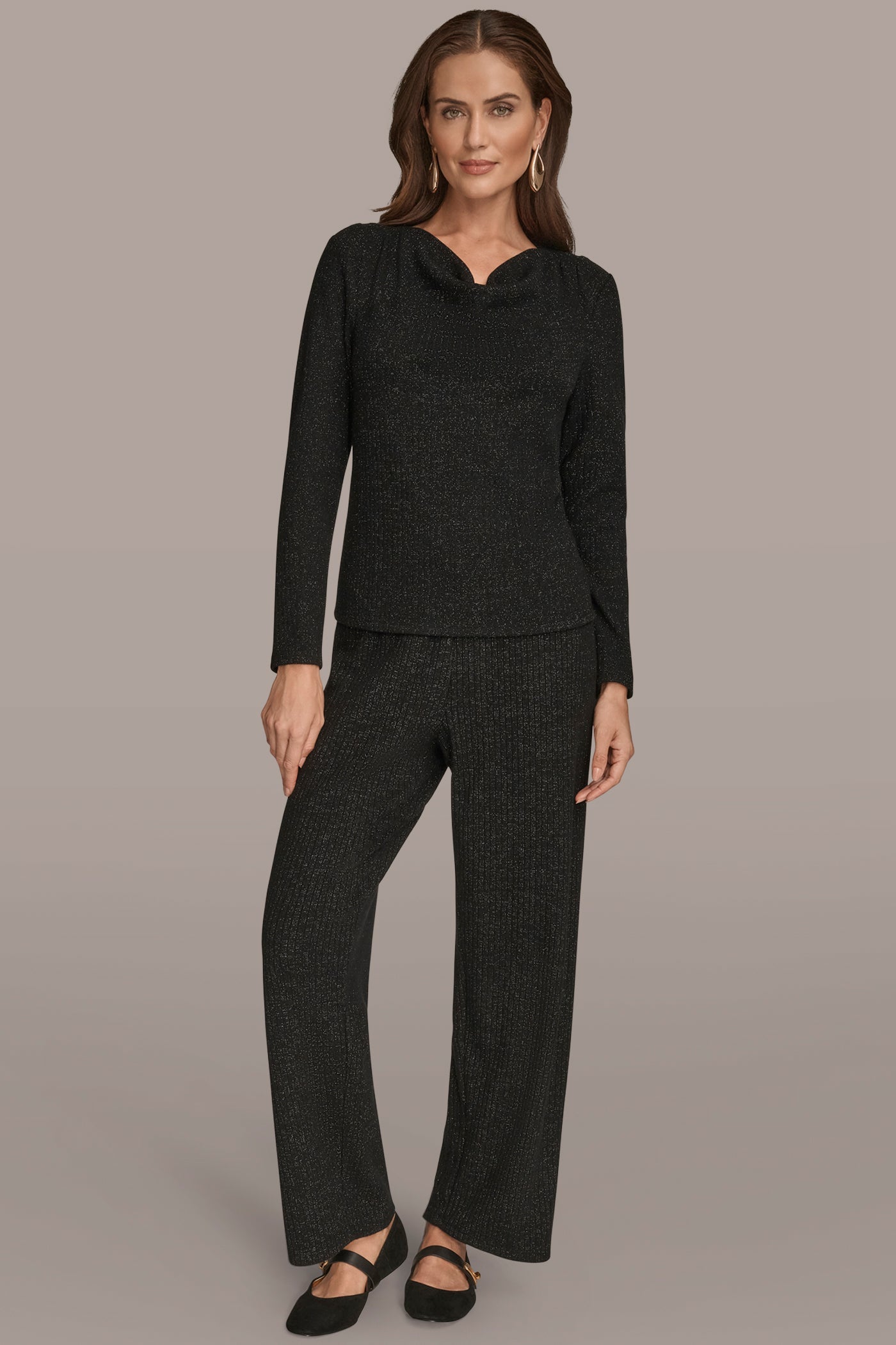 BLACK METALLIC COWL-NECK RIB-KNIT BLOUSE Donna Karan