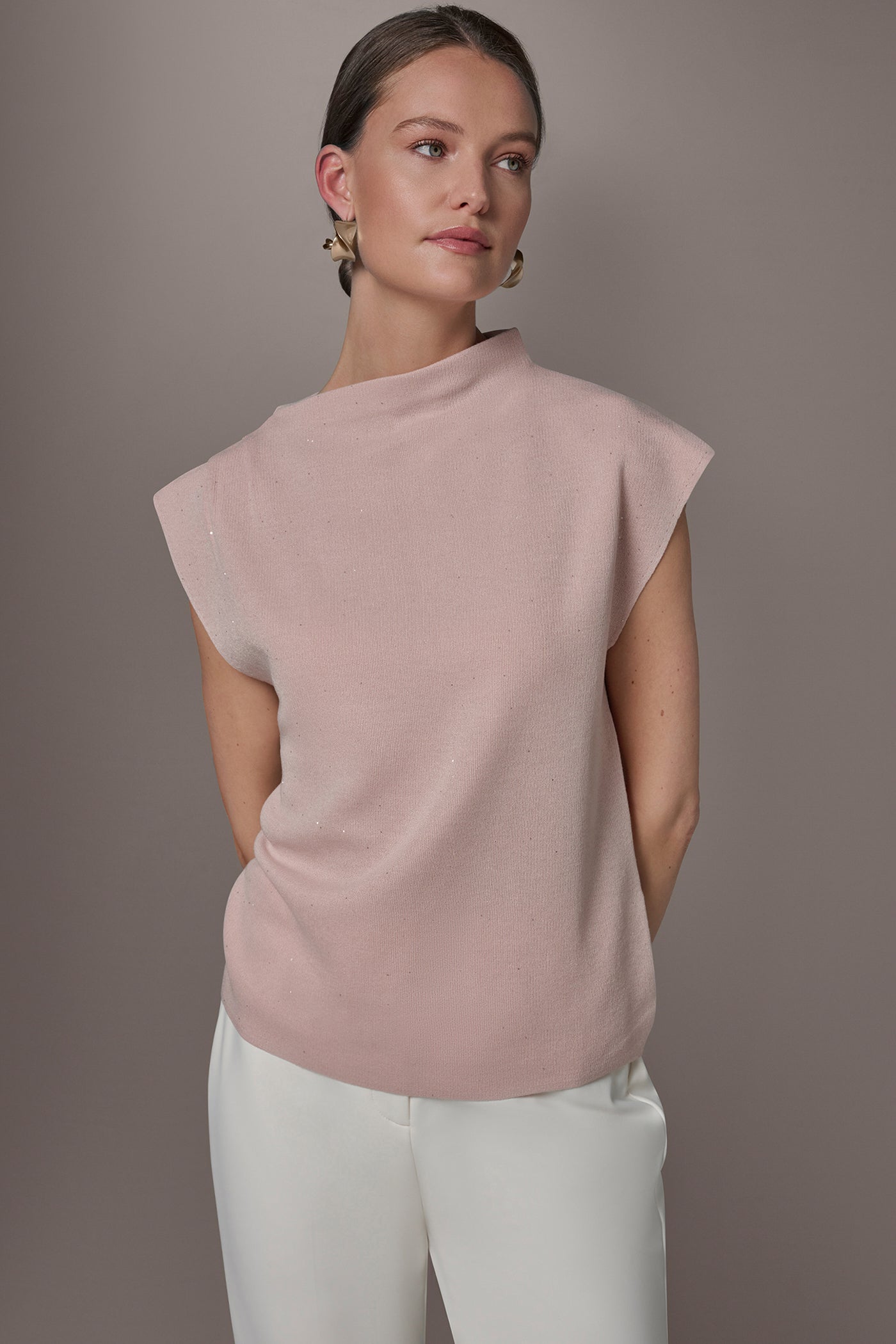 Snow Petal SEQUIN ASYMMETRIC FUNNEL NECK SWEATER Donna Karan