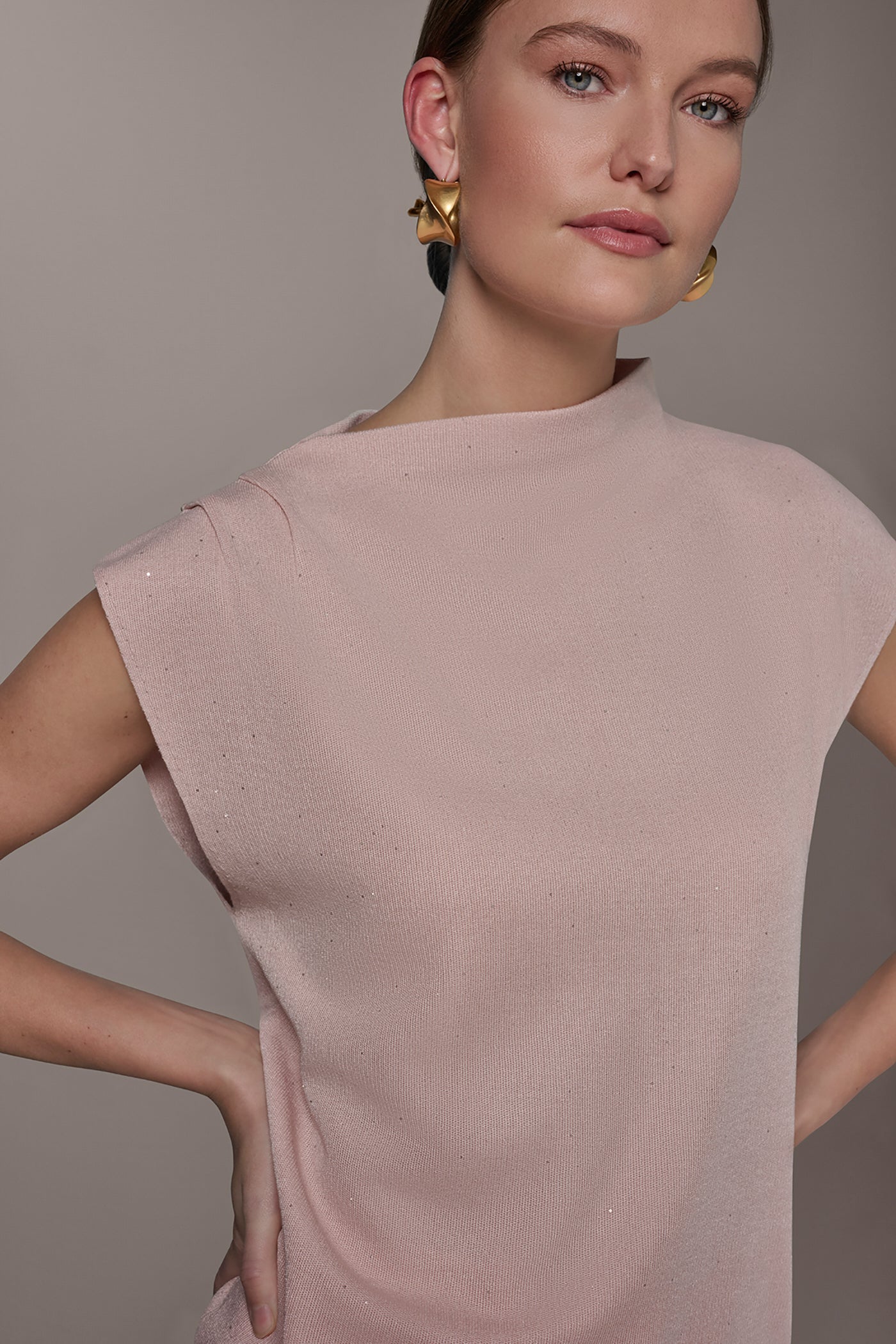 Snow Petal SEQUIN ASYMMETRIC FUNNEL NECK SWEATER Donna Karan