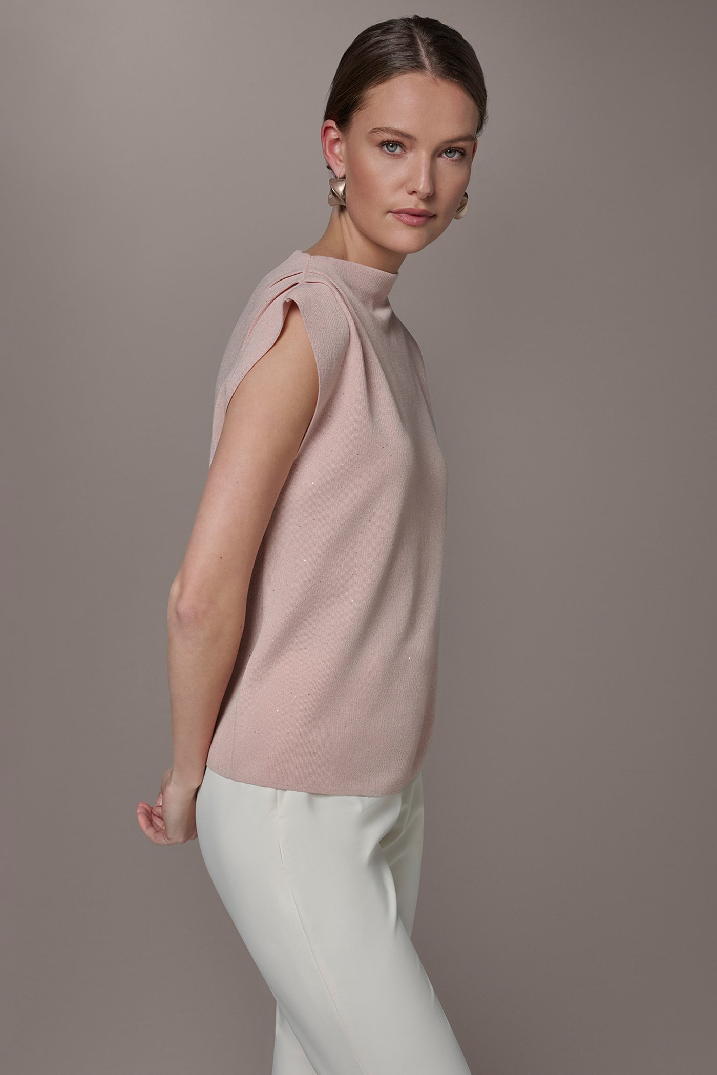 Snow Petal SEQUIN ASYMMETRIC FUNNEL NECK SWEATER Donna Karan