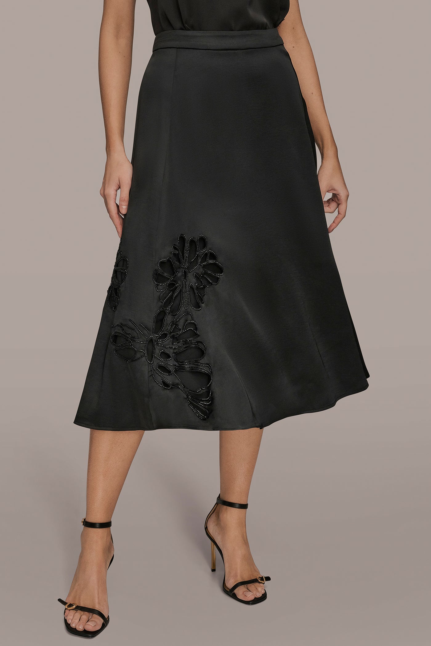 Black FLORAL-SEQUINED SATIN MIDI SKIRT Donna Karan