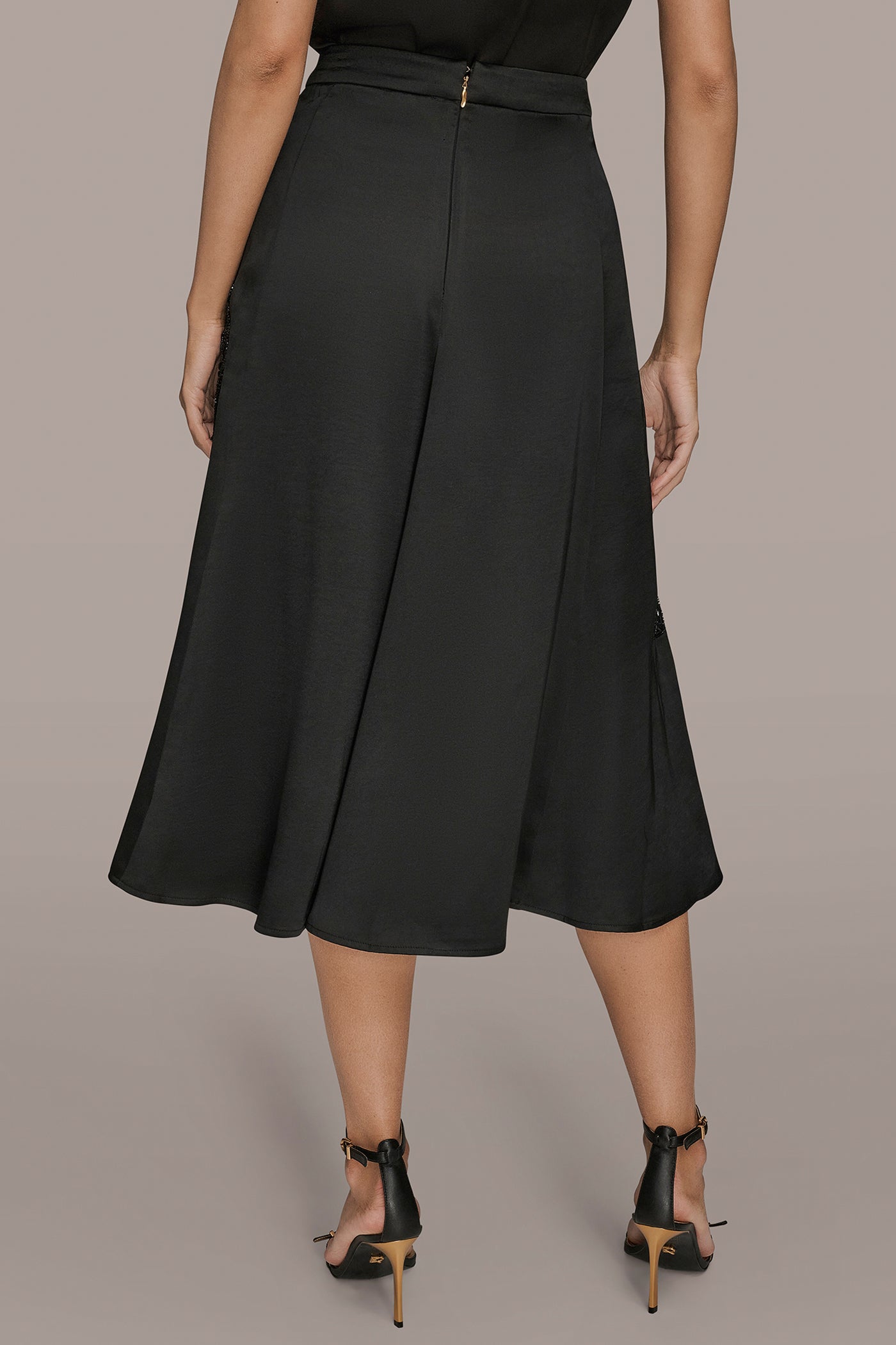 Black FLORAL-SEQUINED SATIN MIDI SKIRT Donna Karan
