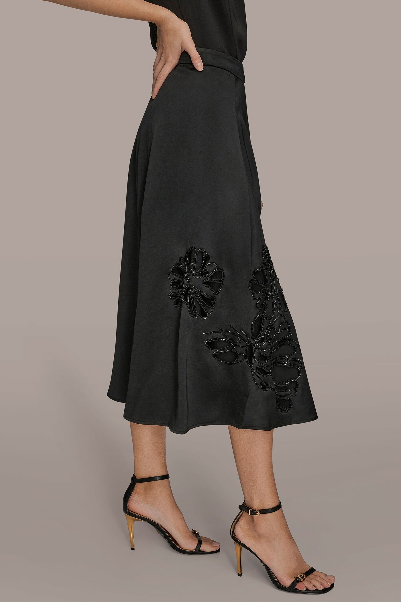 Black FLORAL-SEQUINED SATIN MIDI SKIRT Donna Karan