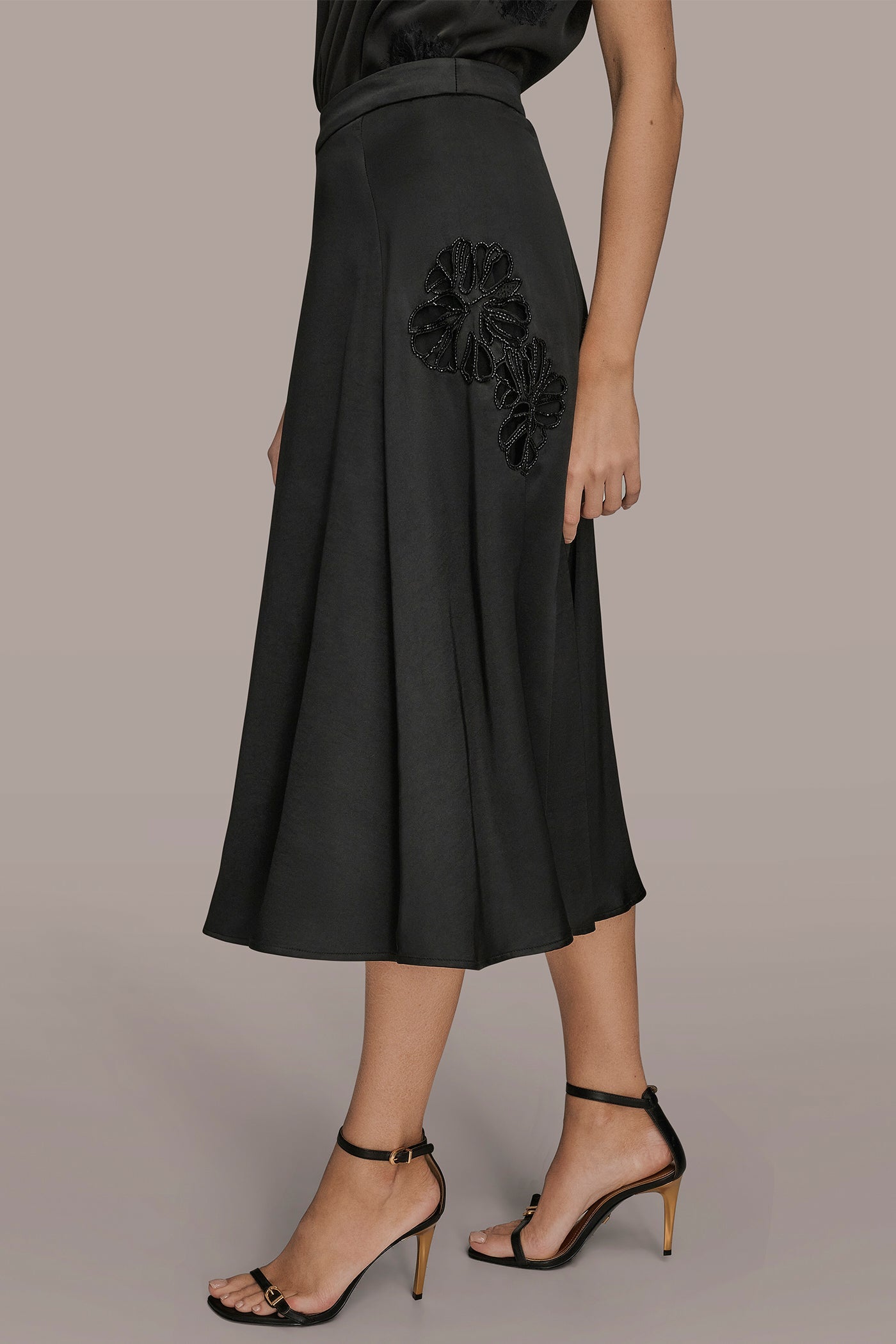 Black FLORAL-SEQUINED SATIN MIDI SKIRT Donna Karan