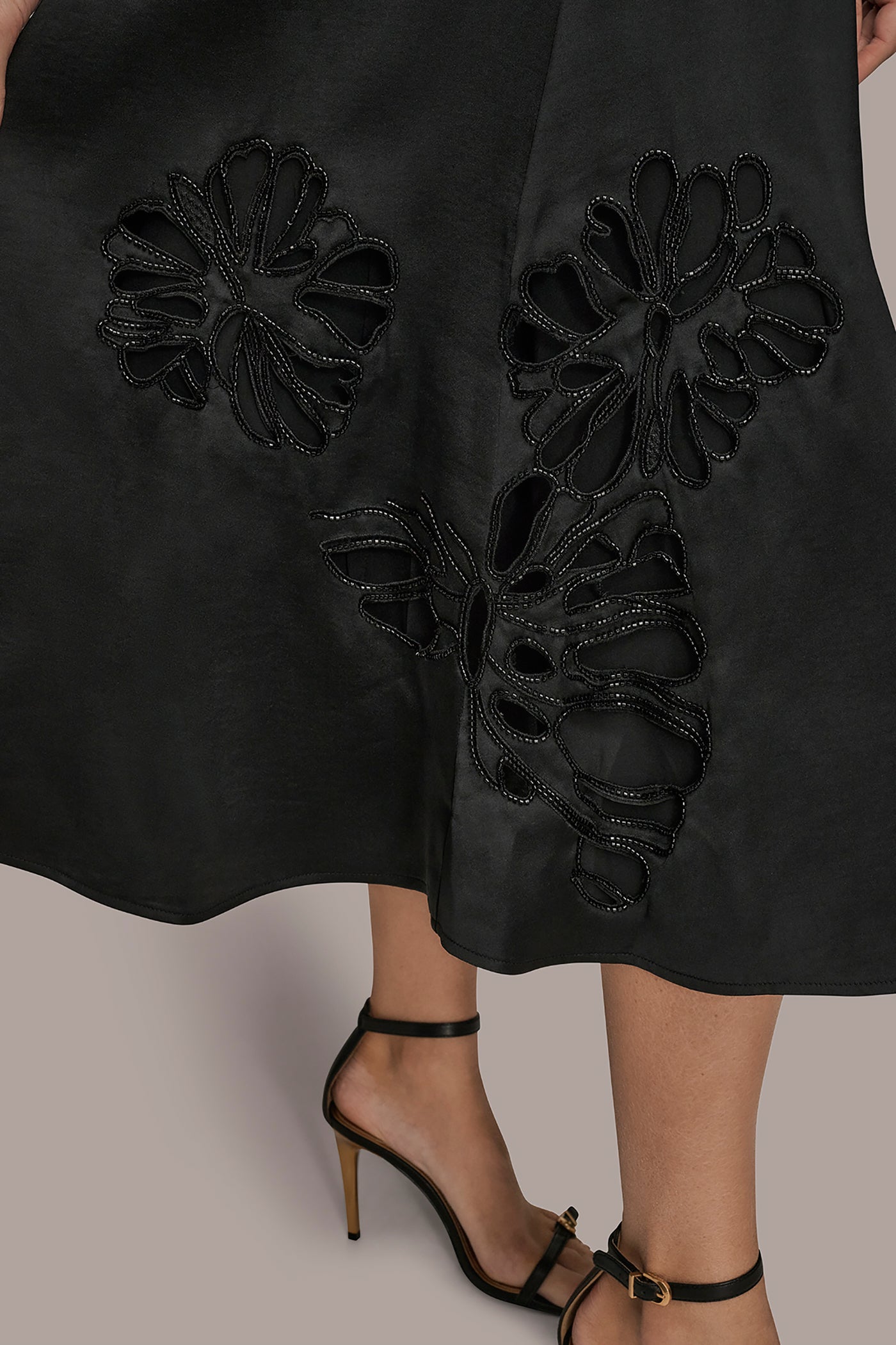 Black FLORAL-SEQUINED SATIN MIDI SKIRT Donna Karan