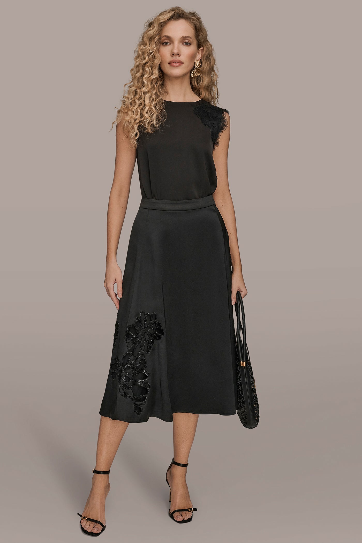Black FLORAL-SEQUINED SATIN MIDI SKIRT Donna Karan