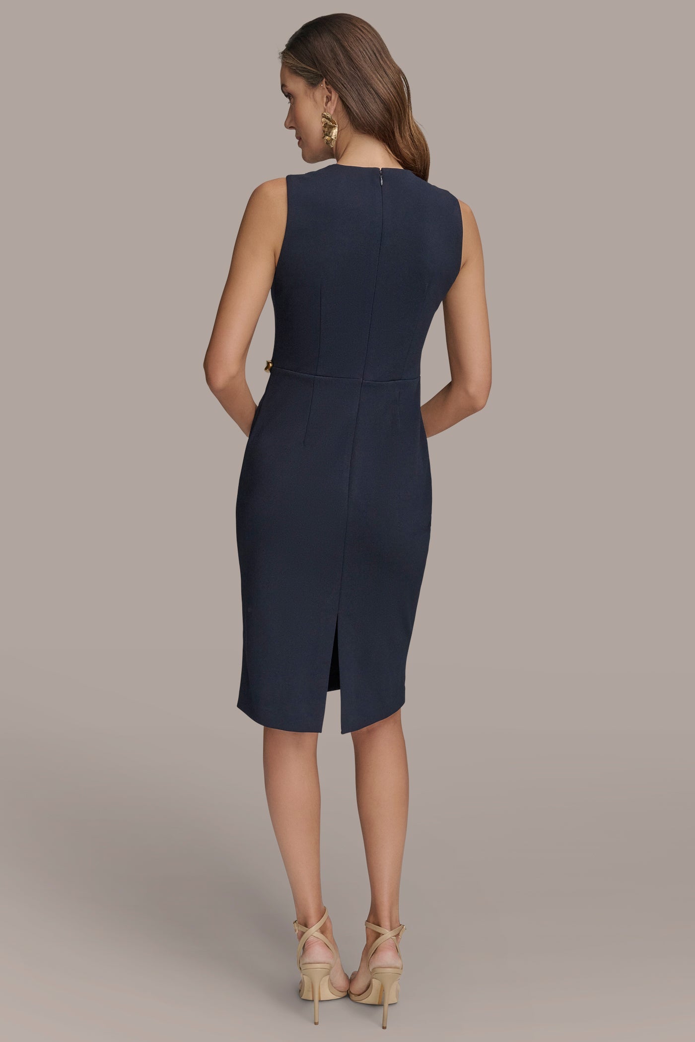 Indigo SLEEVELESS PLEATED MIDI SHEATH DRESS Donna Karan