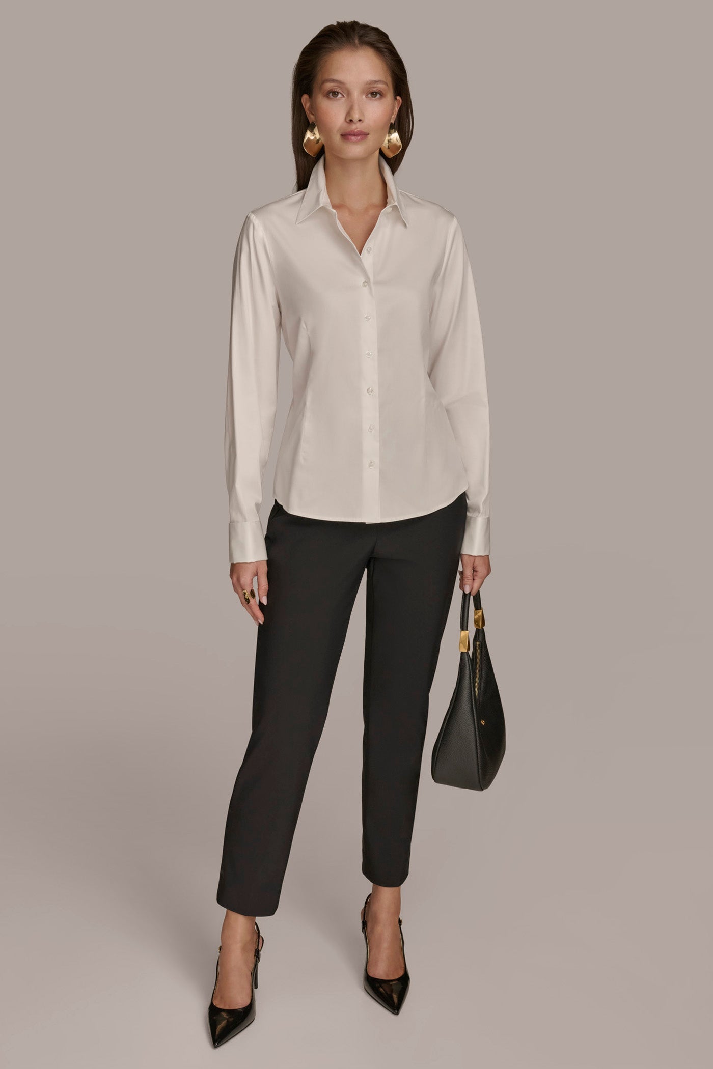 CREAM BUTTON UP WITH CUFF HARDWARE TOP Donna Karan