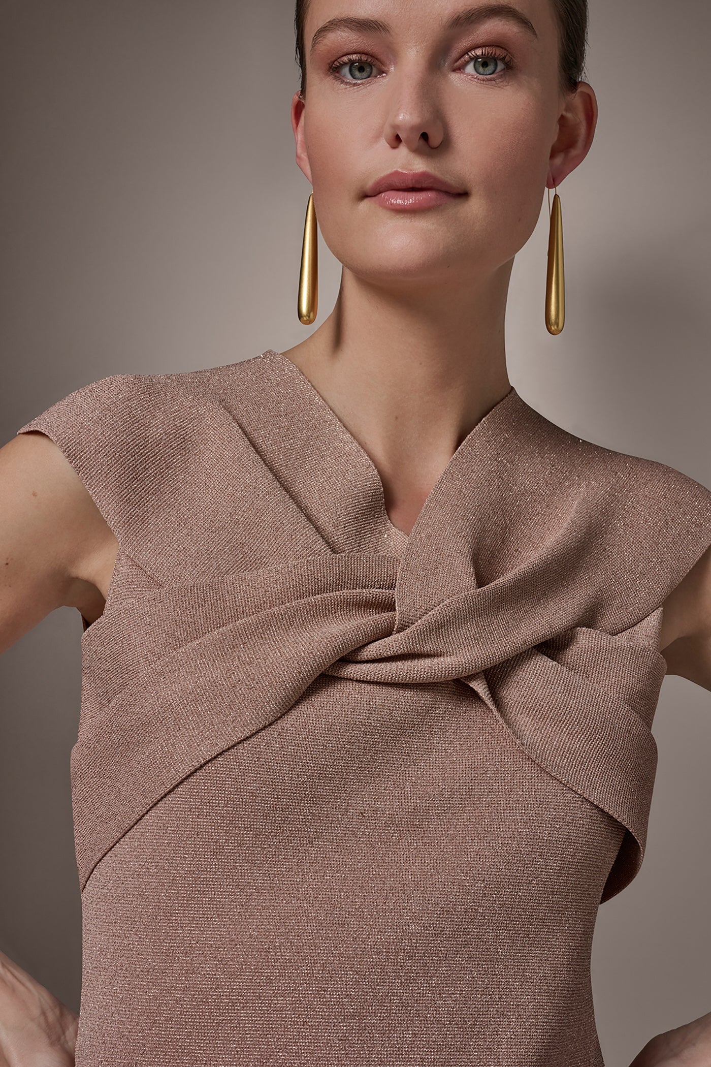 Umbria/Rose Gold METALLIC TWIST OFF THE SHOULDER SWEATER Donna Karan