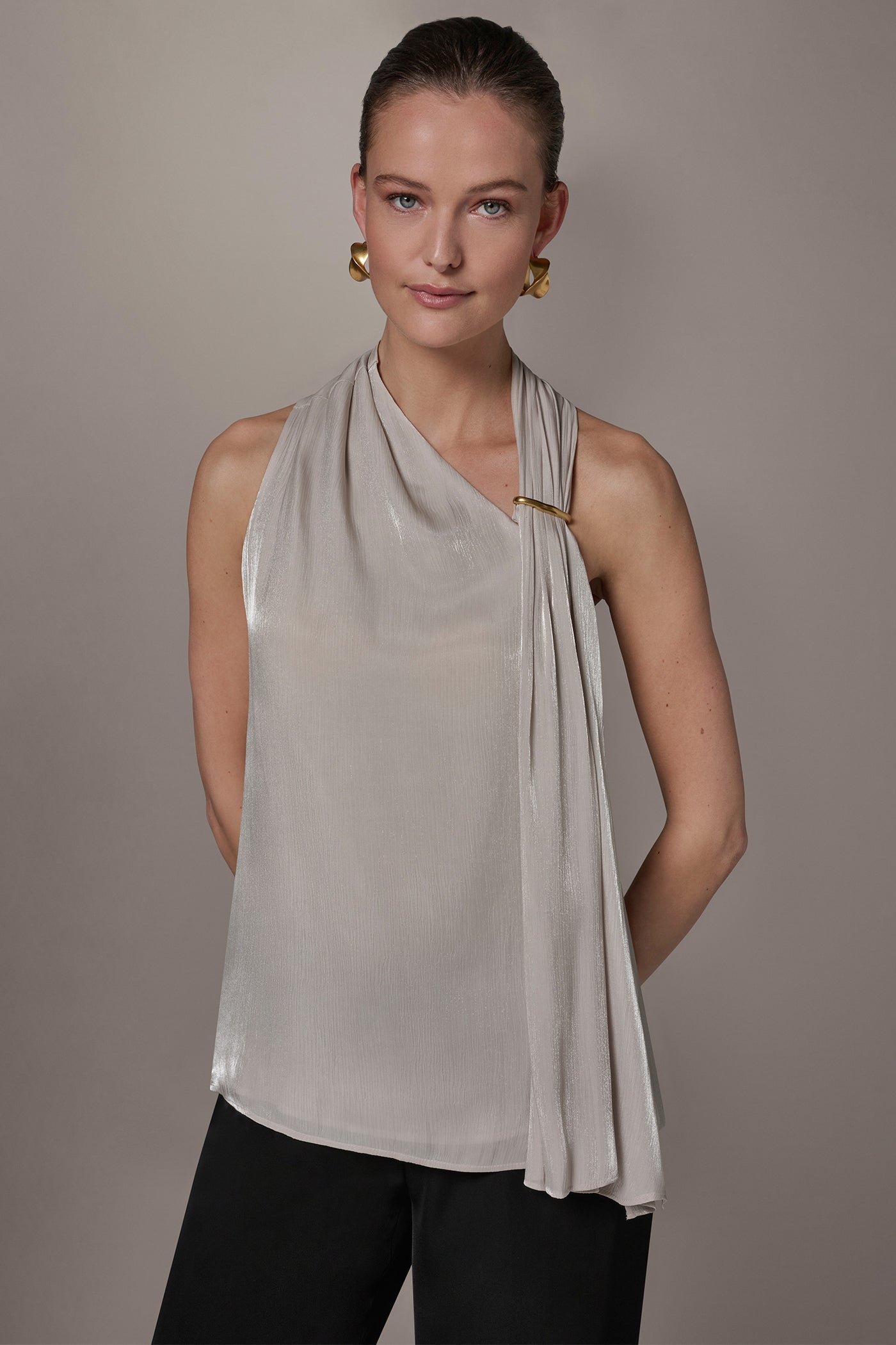 Tuscan Grey METALLIC ASYMMETRIC SCARF HALTER BLOUSE Donna Karan