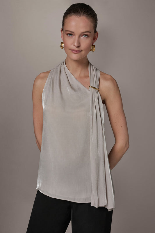 Tuscan Grey METALLIC ASYMMETRIC SCARF HALTER BLOUSE Donna Karan