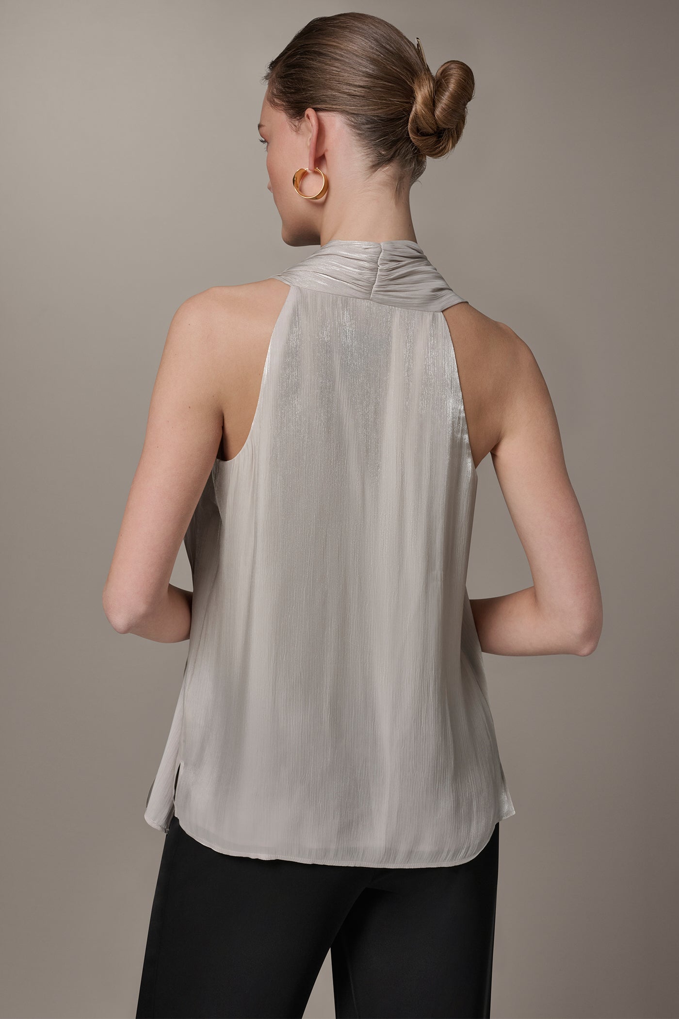 Tuscan Grey METALLIC ASYMMETRIC SCARF HALTER BLOUSE Donna Karan