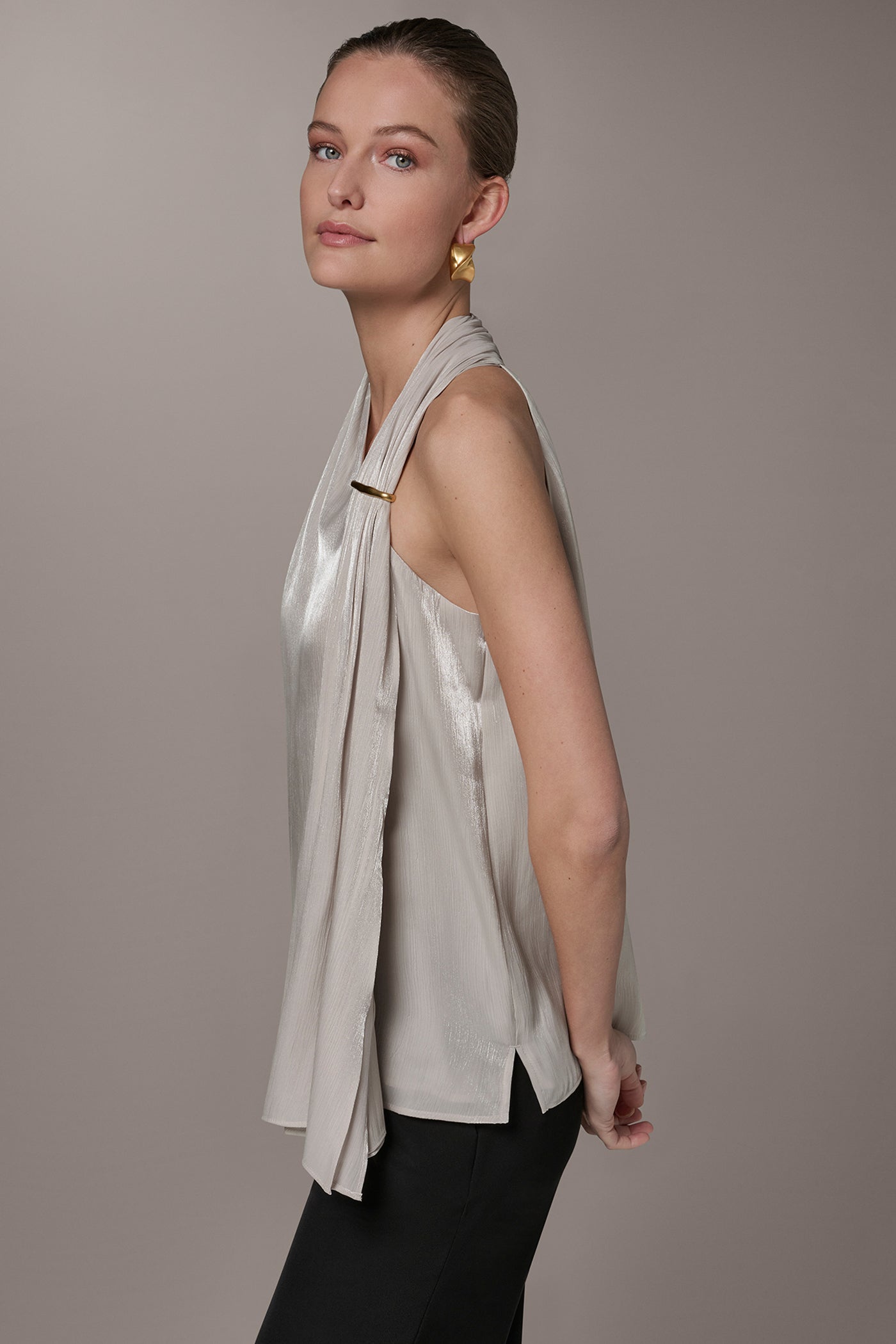 Tuscan Grey METALLIC ASYMMETRIC SCARF HALTER BLOUSE Donna Karan