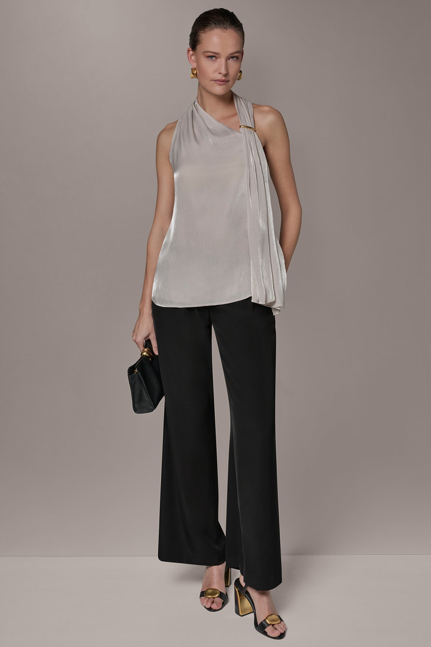 Tuscan Grey METALLIC ASYMMETRIC SCARF HALTER BLOUSE Donna Karan