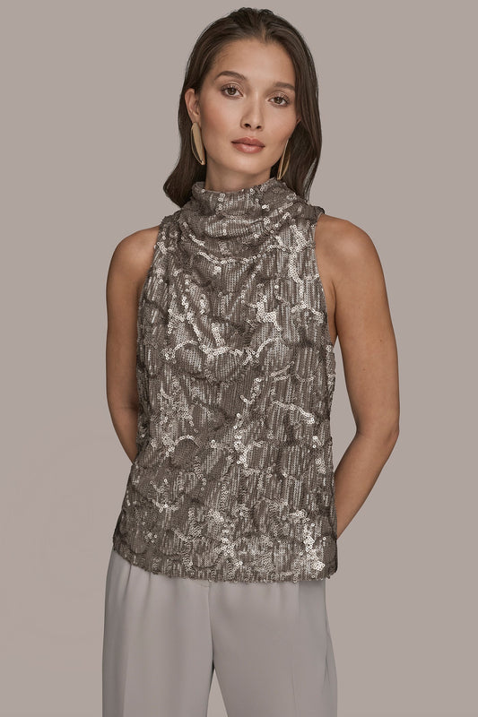ANTIQUE SILVER SLEEVELESS HIGH COWL-NECK SEQUIN TOP Donna Karan