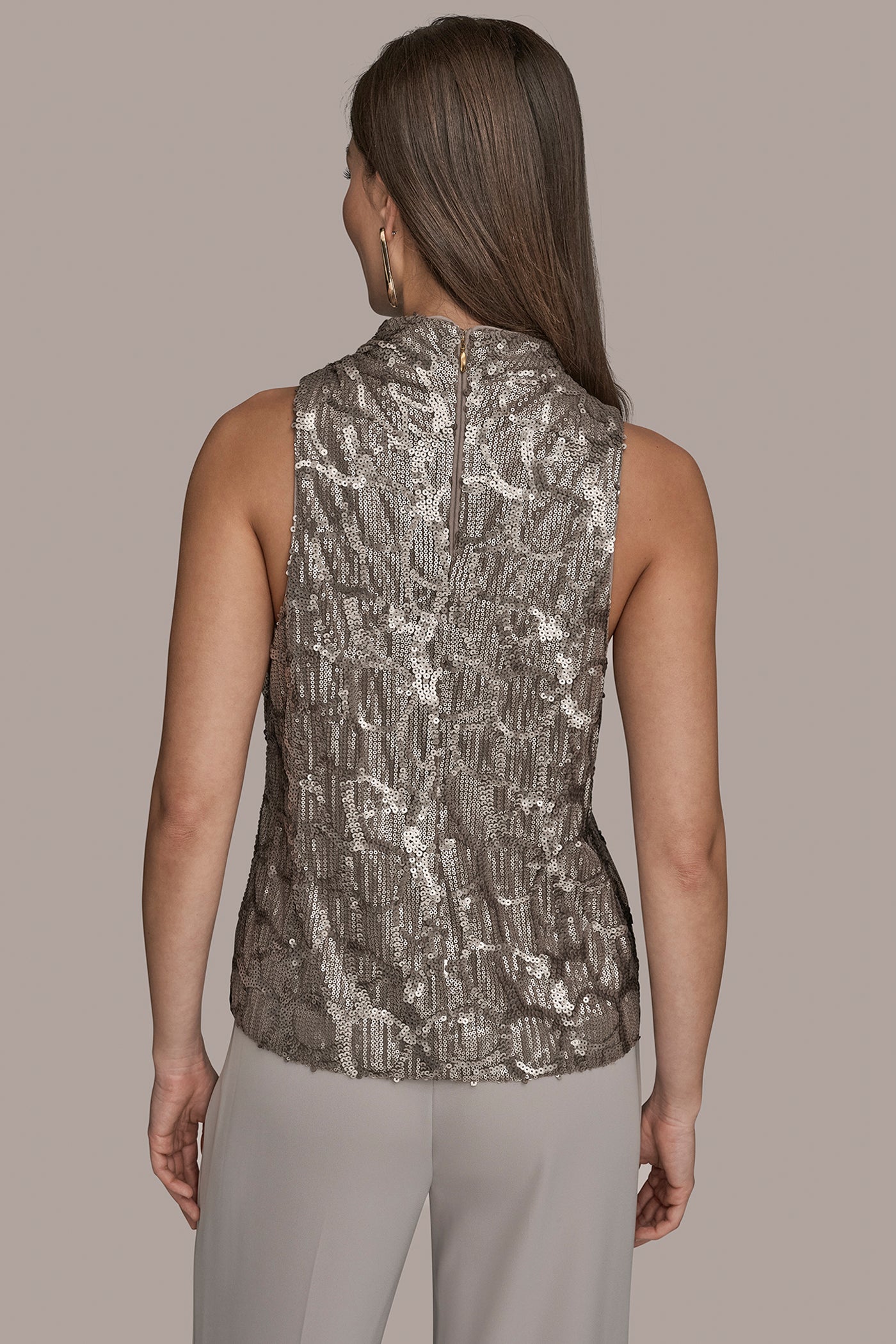 ANTIQUE SILVER SLEEVELESS HIGH COWL-NECK SEQUIN TOP Donna Karan