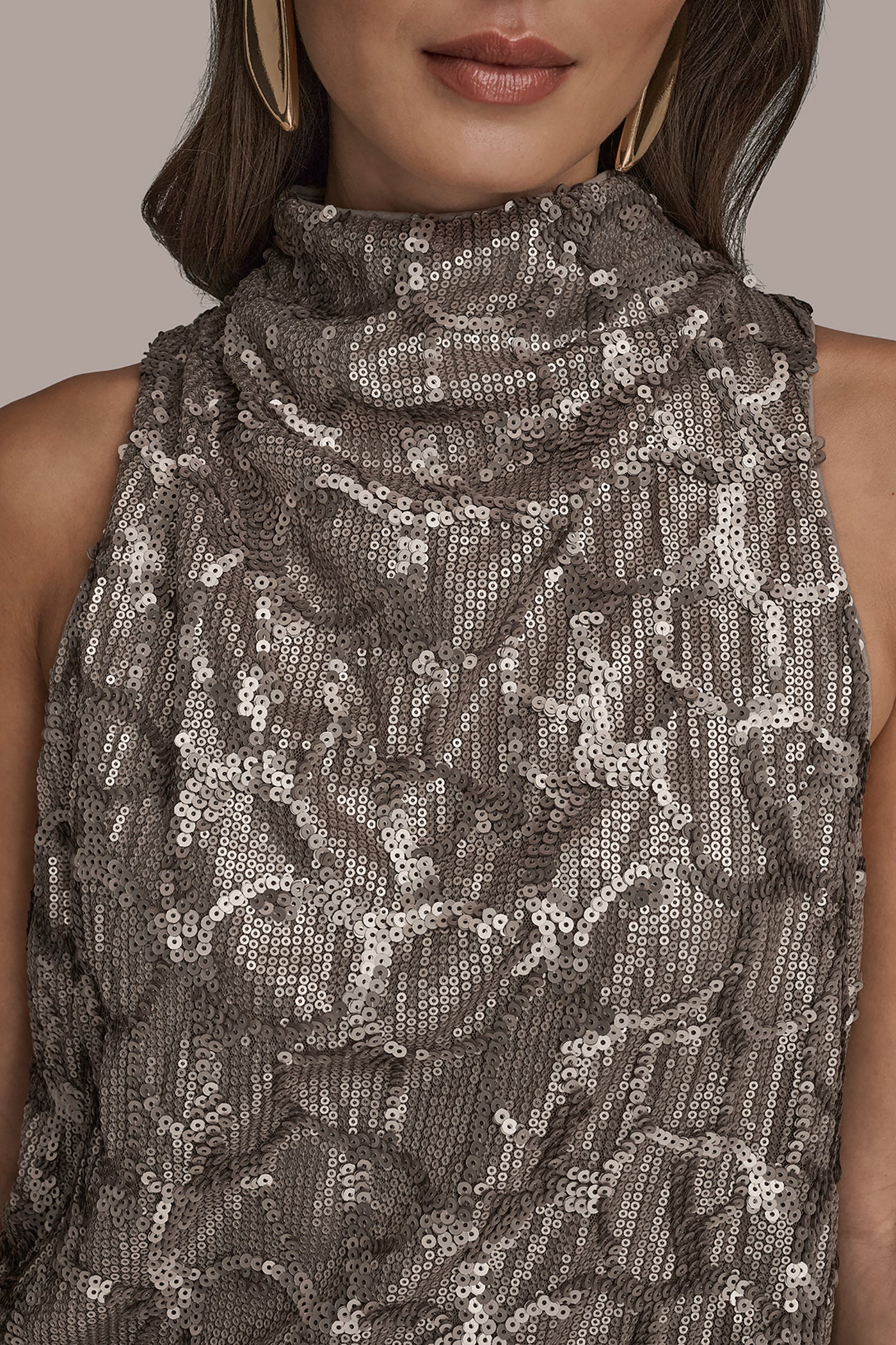 ANTIQUE SILVER SLEEVELESS HIGH COWL-NECK SEQUIN TOP Donna Karan