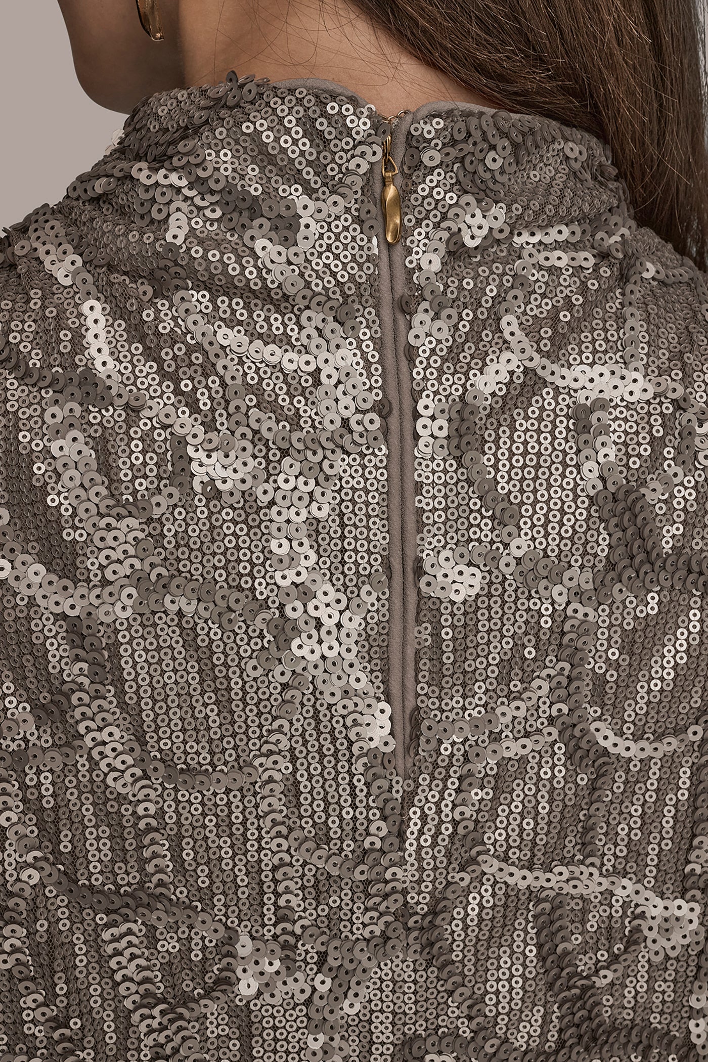 ANTIQUE SILVER SLEEVELESS HIGH COWL-NECK SEQUIN TOP Donna Karan