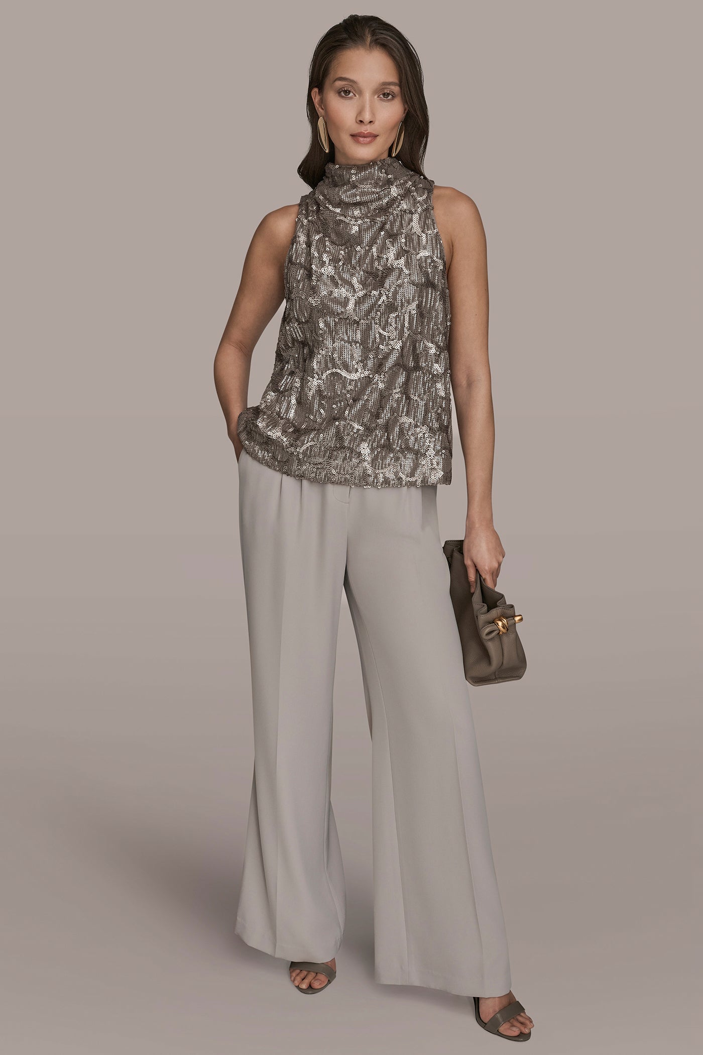 ANTIQUE SILVER SLEEVELESS HIGH COWL-NECK SEQUIN TOP Donna Karan
