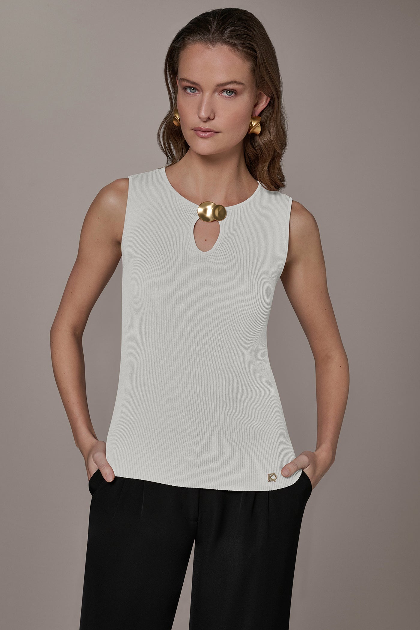 Cream KEYHOLE RIBBED SWEATER TANK Donna Karan