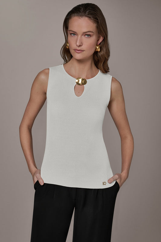 Cream KEYHOLE RIBBED SWEATER TANK Donna Karan