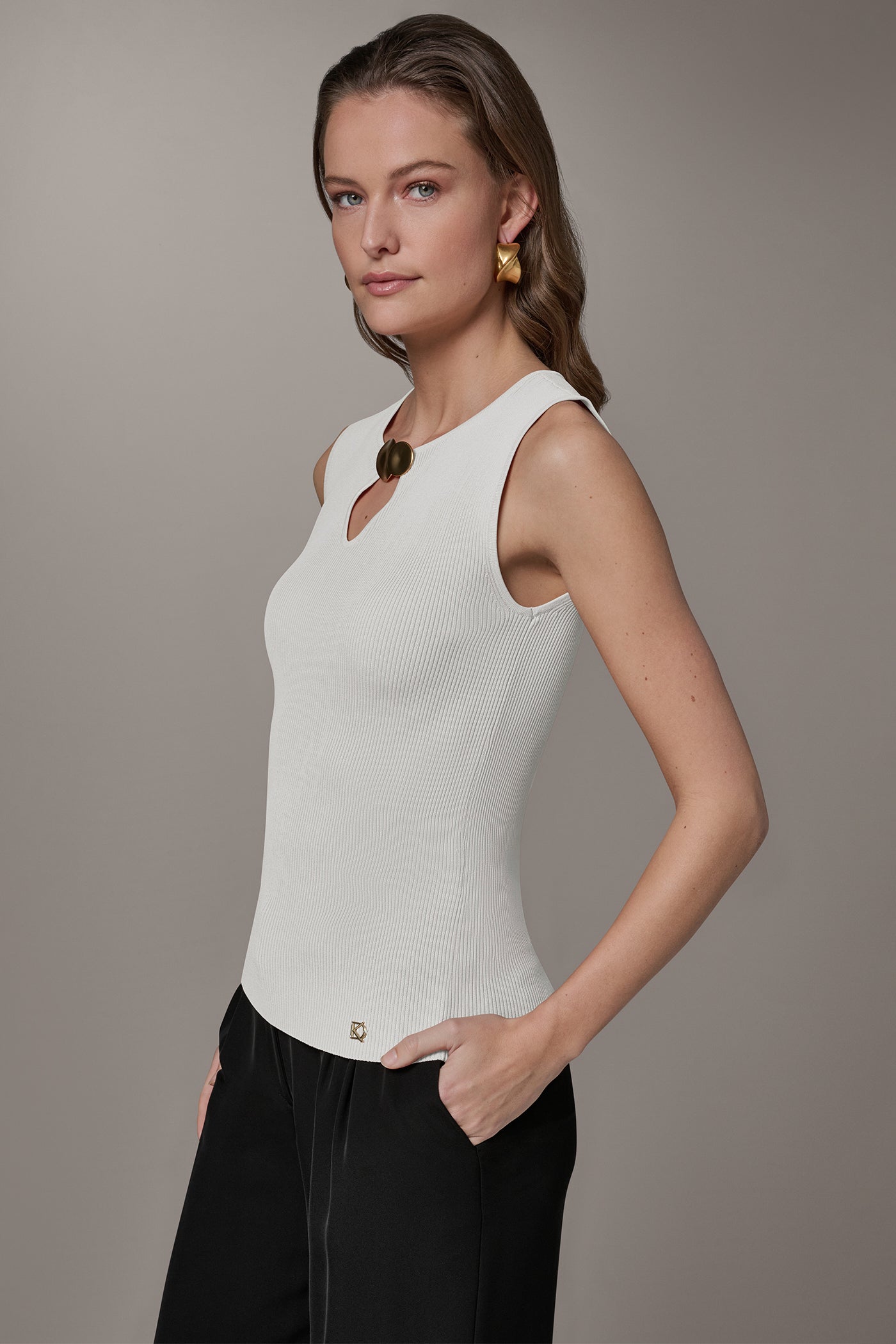 Cream KEYHOLE RIBBED SWEATER TANK Donna Karan