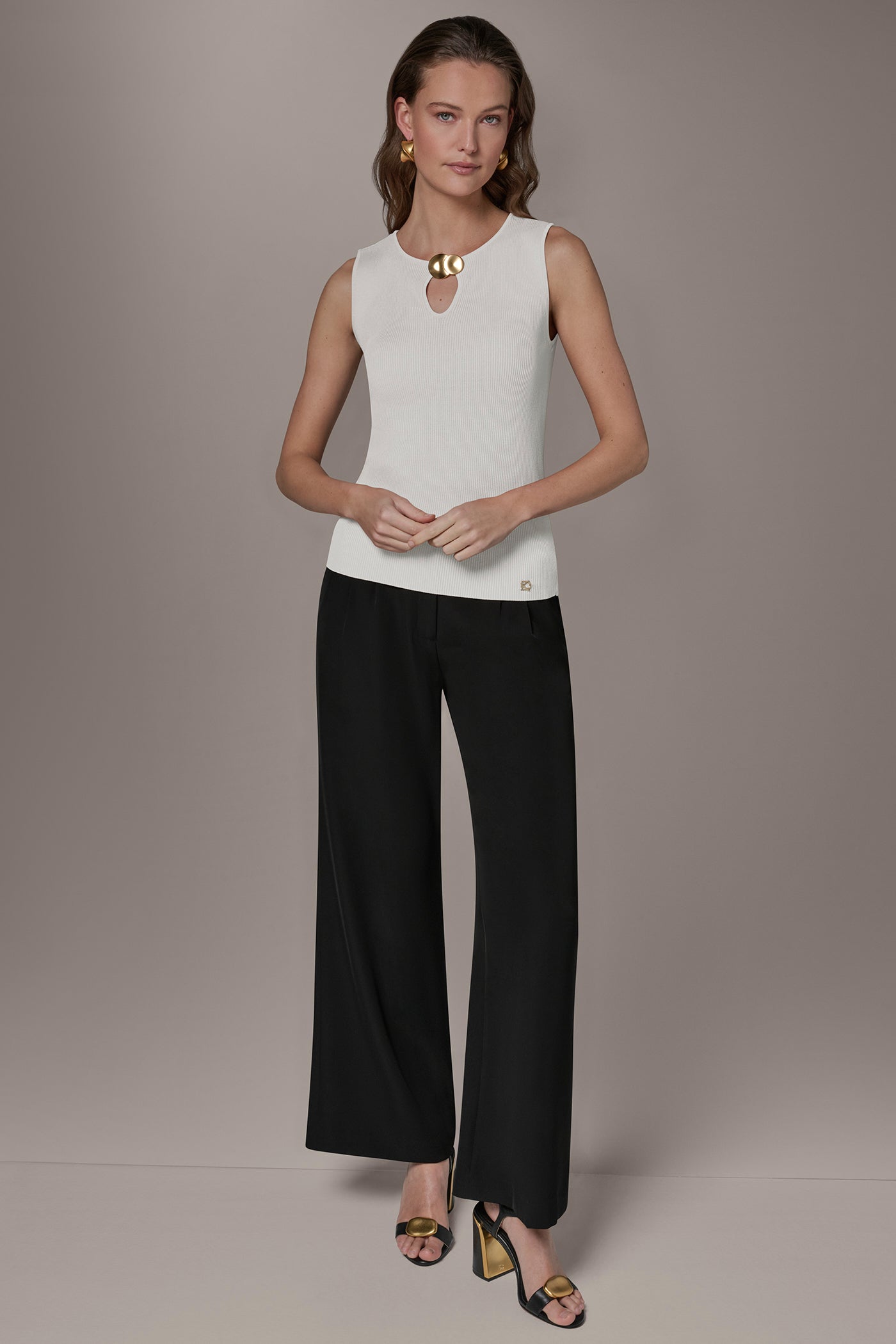 Cream KEYHOLE RIBBED SWEATER TANK Donna Karan