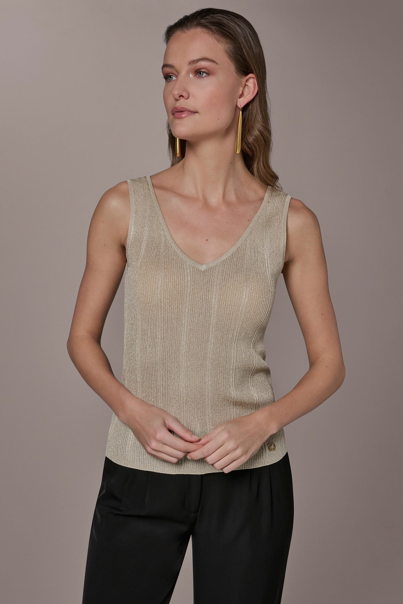 Light Gold METALLIC RIBBED SWEATER TANK Donna Karan