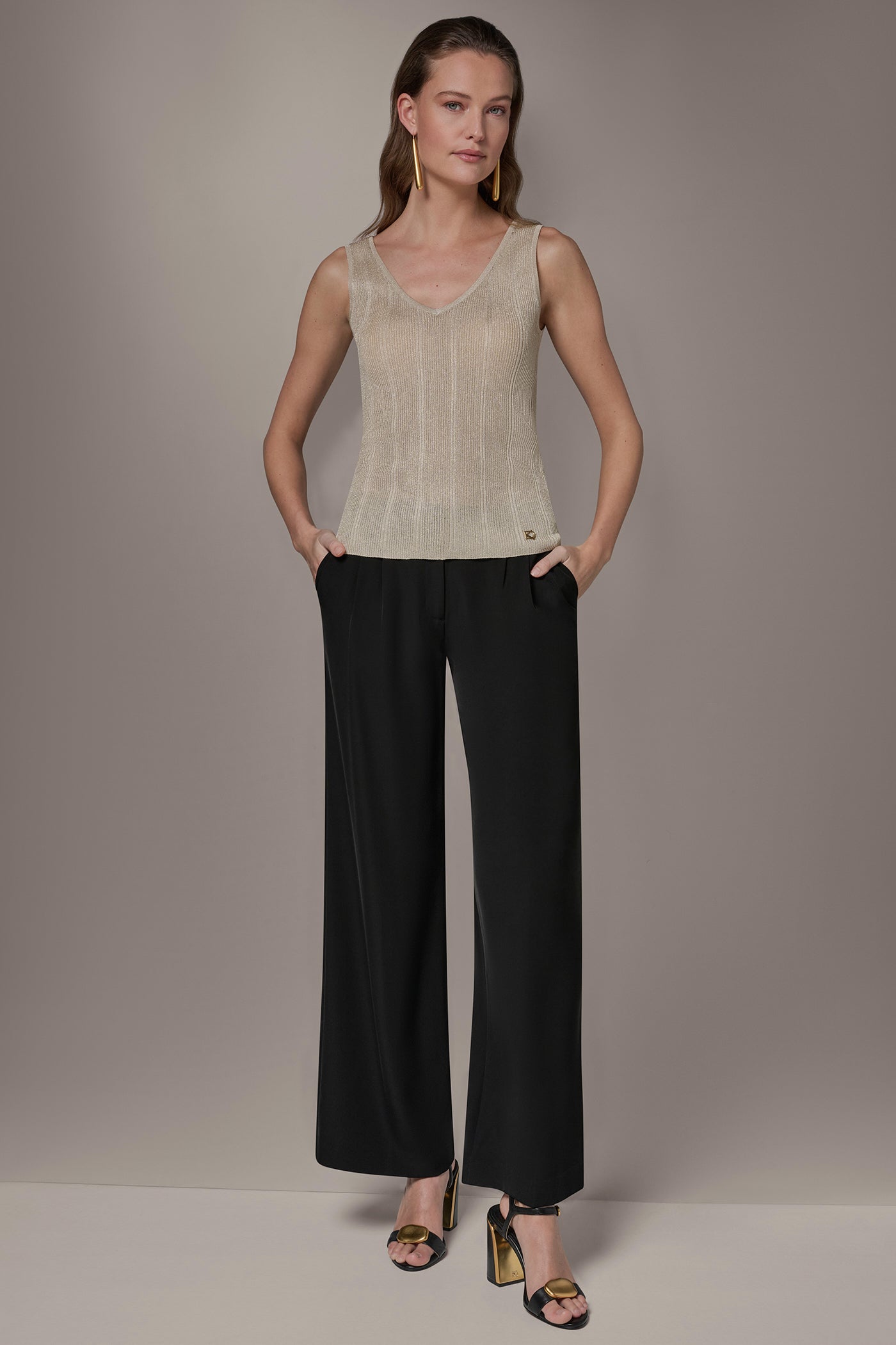 Light Gold METALLIC RIBBED SWEATER TANK Donna Karan