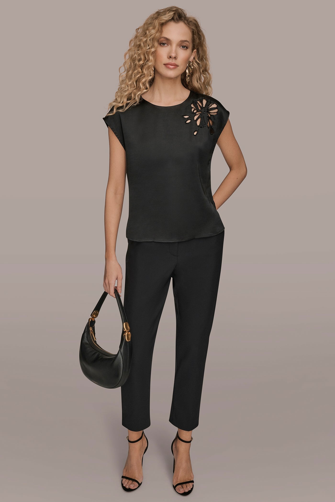Black FLORAL-EMBROIDERED BLOUSE Donna Karan